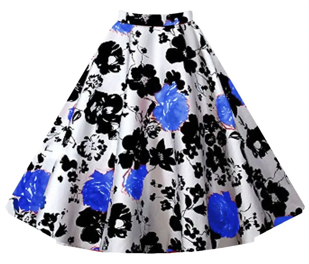 Новинка, юбка-пачка с цветочным принтом, Женская Повседневная бальная юбка в стиле рокабилли с высокой талией, летняя хлопковая юбка миди - Цвет: white blue