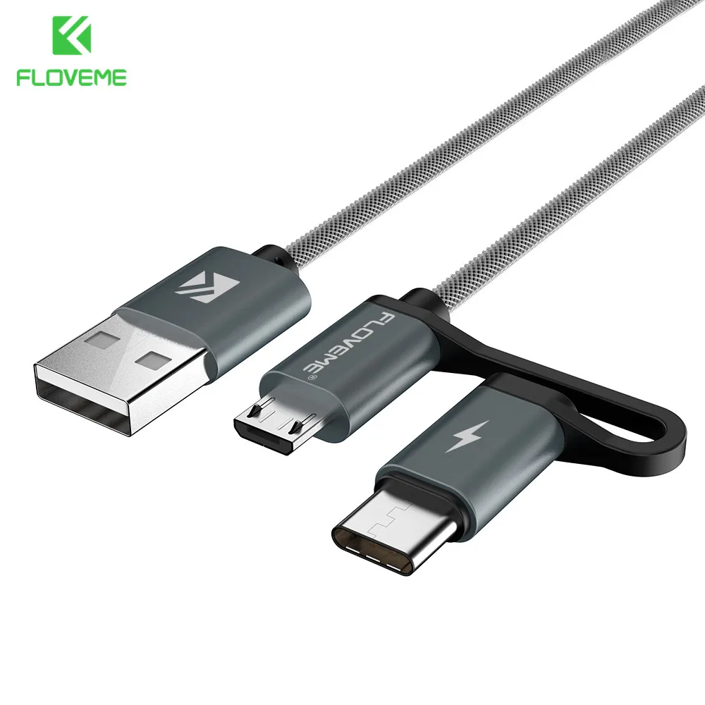 FLOVEME 2 в 1 Mirco USB+ type-C USB кабель в оплетке быстрое зарядное устройство QC 3,0 USB-C кабель для мобильного телефона для Galaxy S8 Xiaomi смартфон