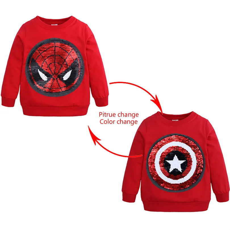 Одежда для детей весенне-Осенняя детская цветная рубашка с блестками и изображением Человека-паука, толстовки с капюшоном с изображением Капитана Америки - Цвет: Красный