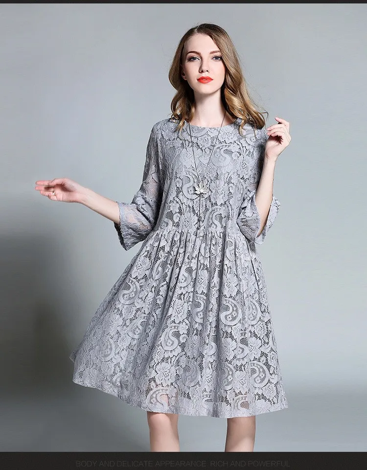 European design spring autumn women floral lace dresses plus size 4XL hollow lace women pleated dress gray blue color