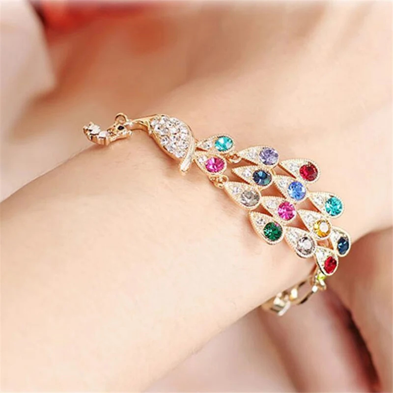 2019 Fashion Colorful Peacock Bracelet Shiny Rhinestone Phoenix For women Gold Chain Jewelry Gift pulsera | Украшения и
