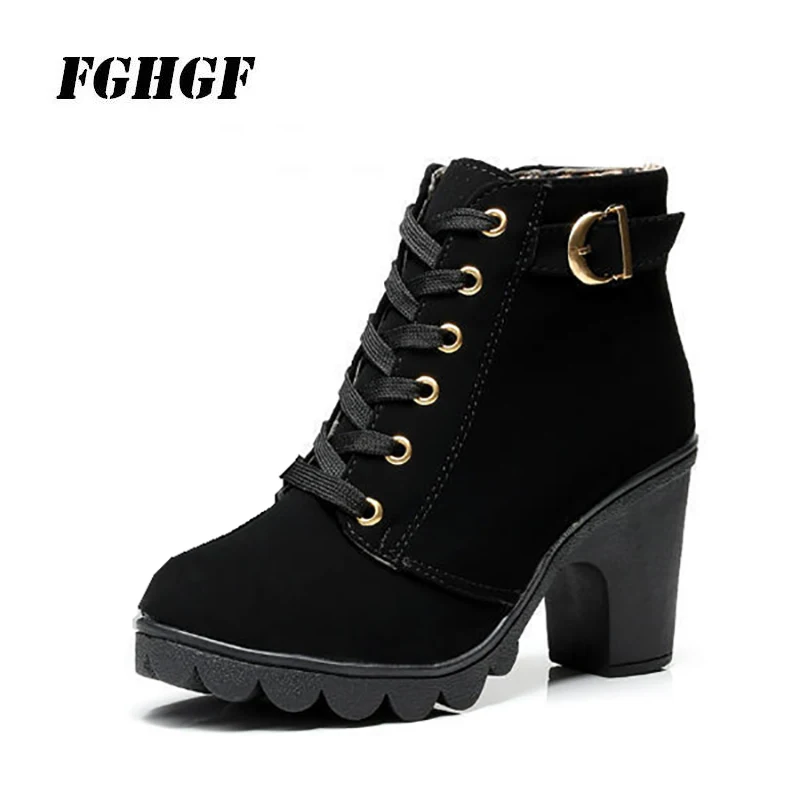 

New autumn winter high heel big size female boot cross bind belt short boot thick heel Martin boot leather boot 34-41