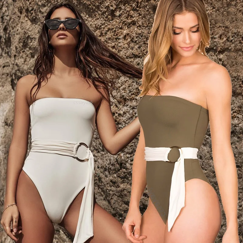 One Piece bandeau swimsuit with belt women bodysuit sexy monokini