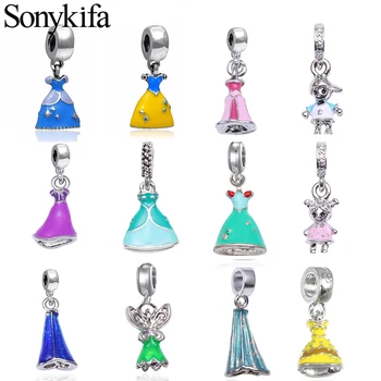 

Sonykifa 2Pcs/Lot 12 Styles Cute Cartoon Princess Dress Charms Crystal Pendant Brand Charm Bracelet Original Jewelry Girl Gift