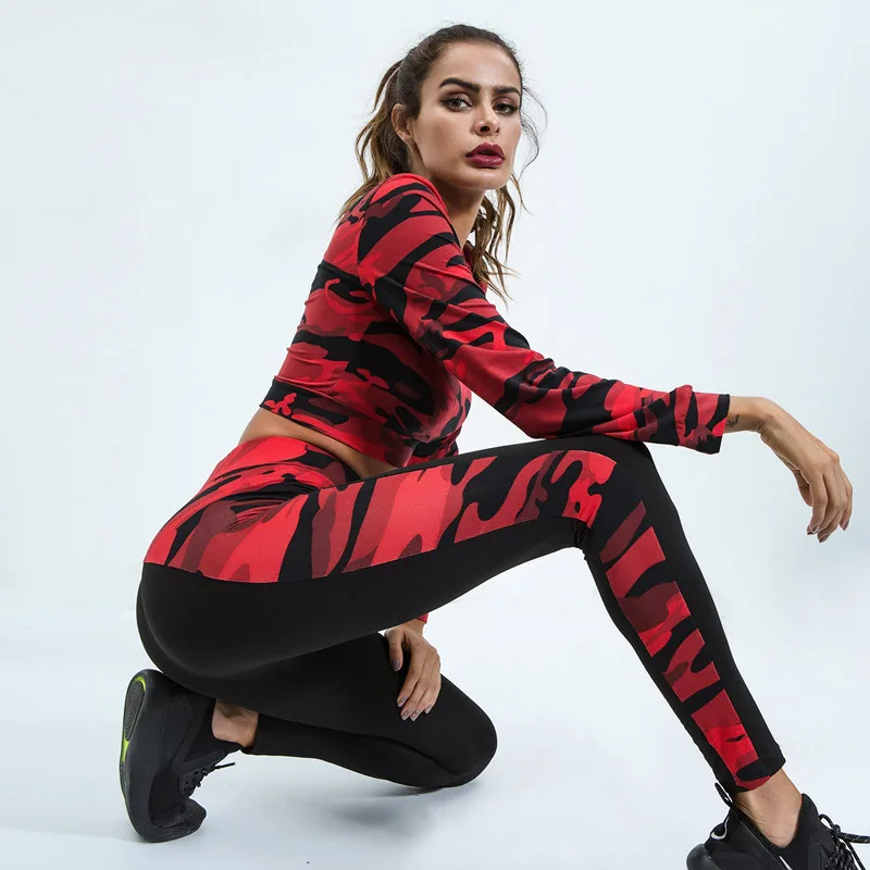 

Two Piece Set Women Workout Sexy Black Red Camo Colorblock Long Sleeve Sport Crop Top + Bodycon Leggings Yoga Gym Sports Wear 35