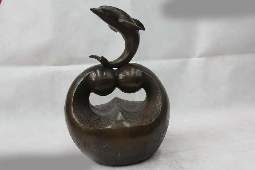 

13"China Chinese Folk Art Copper beautiful Lucky jump dolphin Statue