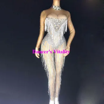 

Rhinestone Sexy Tassels Crystals Jumpsuit Female Singer Dancer Sexy Costume Big Stretch Bodysuit Nightclub Oufit Party Clothes