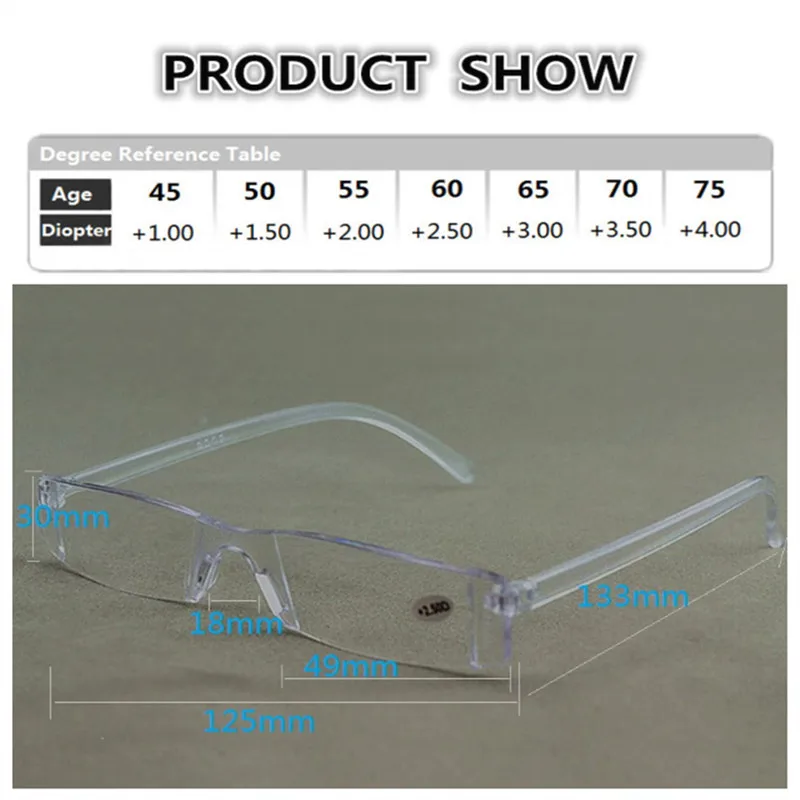 Мужские и женские прозрачные очки без оправы для чтения, полимерные очки для чтения Пресбиопии, пластиковая оправа Gafas 1,0 2,0 до 4,0 005