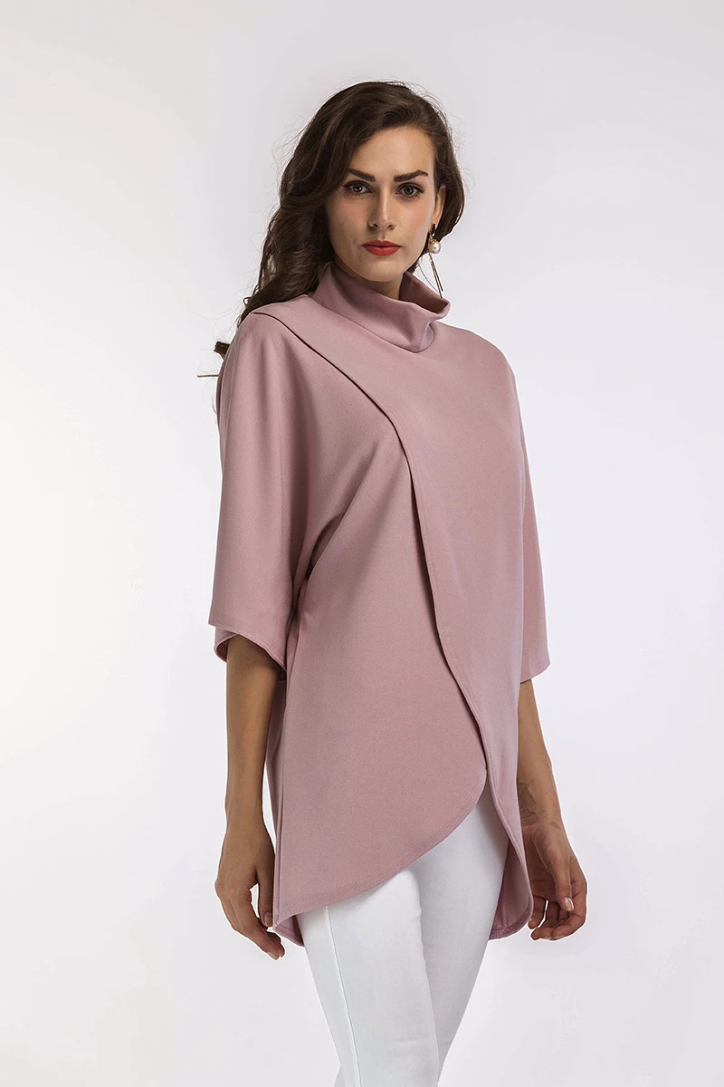 Pink Half Sleeve Irregular Front Split Turtleneck Elegant Loose Blouse