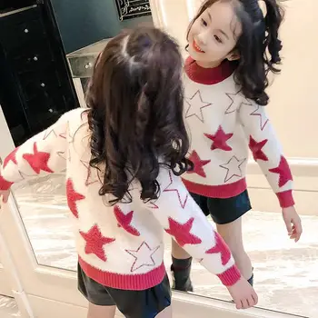 

Autumn Winter Kids Girls Cotton Star Pattern Sweater Children Warm Thick Knitt Pullover Teens Girls Faux Mink Wool Knitwear Q230
