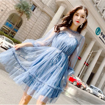 

Paris Girl Spring Summer New Women Star Sequins Gauze Flare Sleeve High Waistline Princess Dress Female Elegant O-neck MeshDress