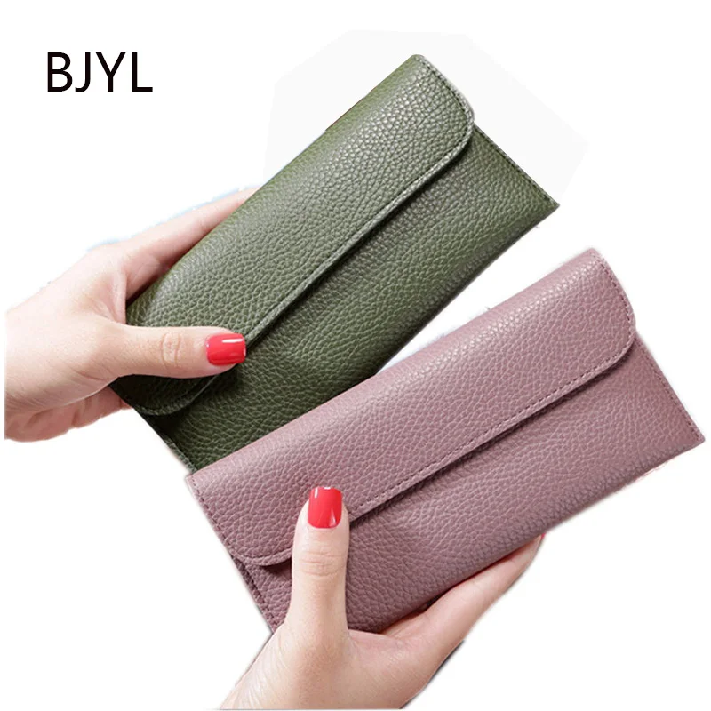 

Leather Women Purse Wallets Drawstring Wallet Ladies Long Design Female Purse Two Fold More Color Clutch Bag