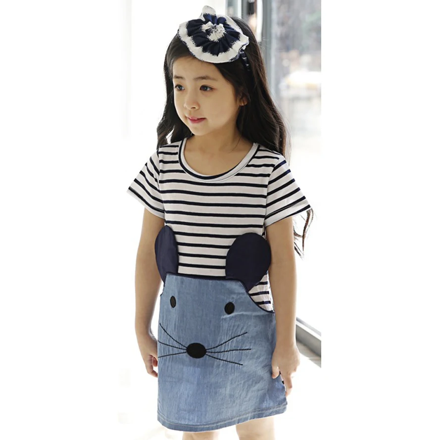 Girls dress Casual short sleeve dress striped baby dress little mouse design kids clothes Spring and Summer children cothing