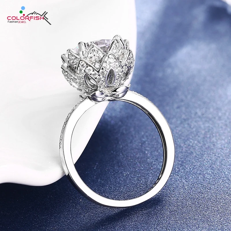 COLORFISH Round Big Carat Synthetic SONA Silver Ring For Women Luxury Lotus Flower Authentic 925 Sterling Silver Engagement Ring