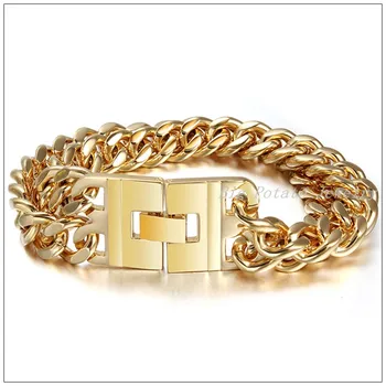 

Free Shipping Yellow Gold Stainless Steel Two Row Curb Ciban Chain Mens Boys Bracelet Bangle Bling 23mm 9" Cool Jewelry