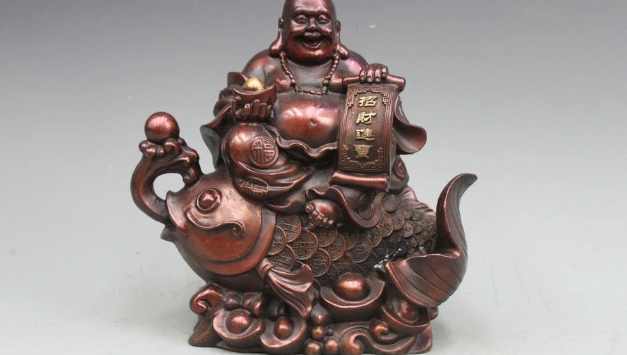 

China Buddhism Pure Bronze Copper Maitreya Buddha on Fish Lucky Wealth Statue