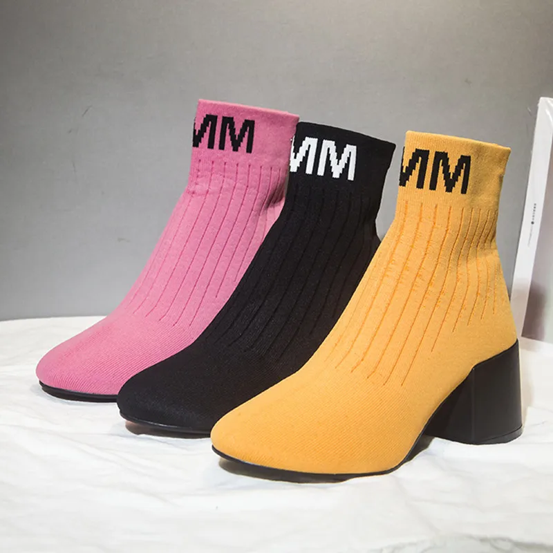 

Thick Heels Shoes Woman Letters Autumn Ankle Boots Knitting Zapatos Mujer Slip-on Short Booties Dress Elegant Concise Botas 2018