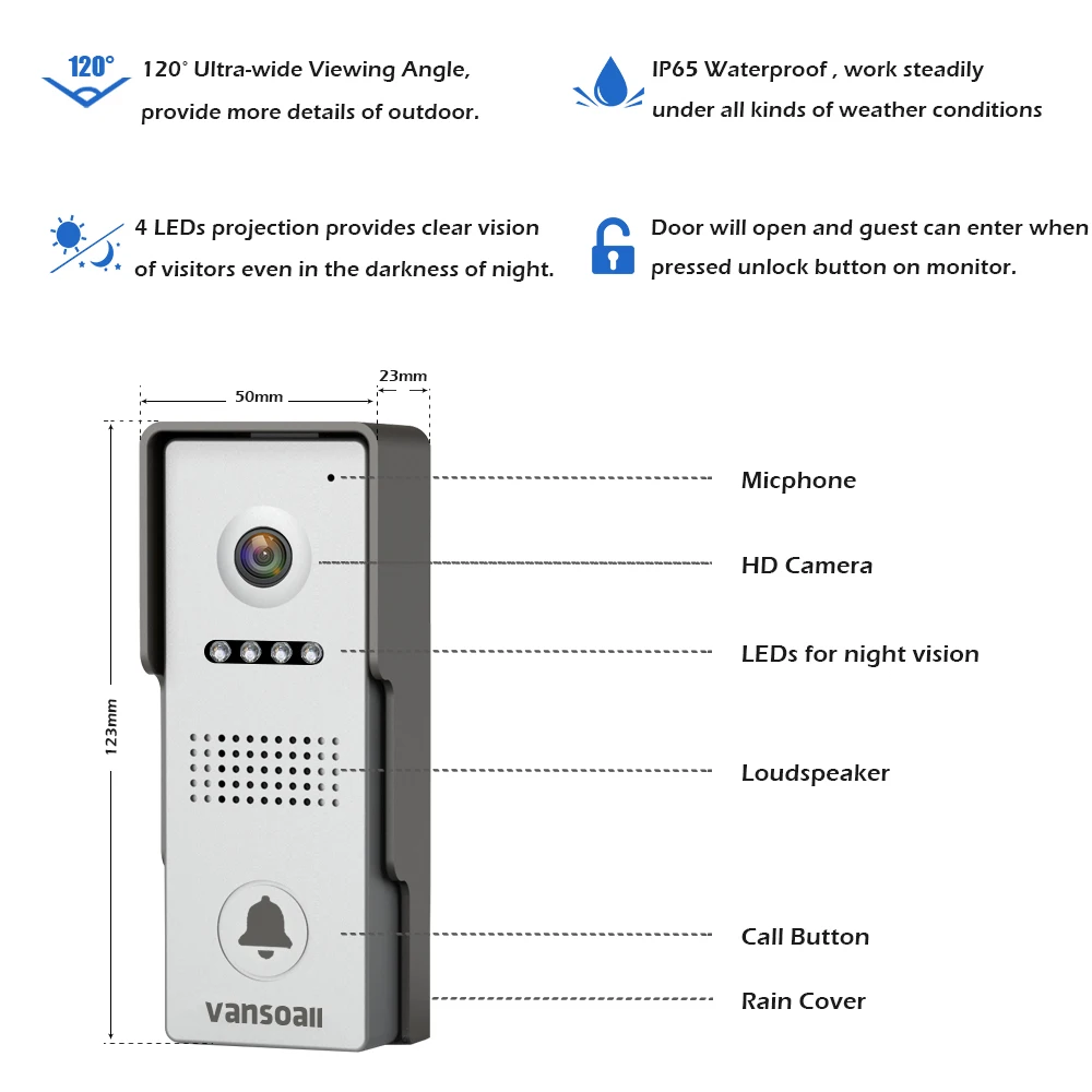 Sistema de intercomunicador de vídeo con cable para puerta de vídeo VANSOALL Monitor de Color de 7 pulgadas y cámara HD con liberación de puerta ¡botón Táctil - 4
