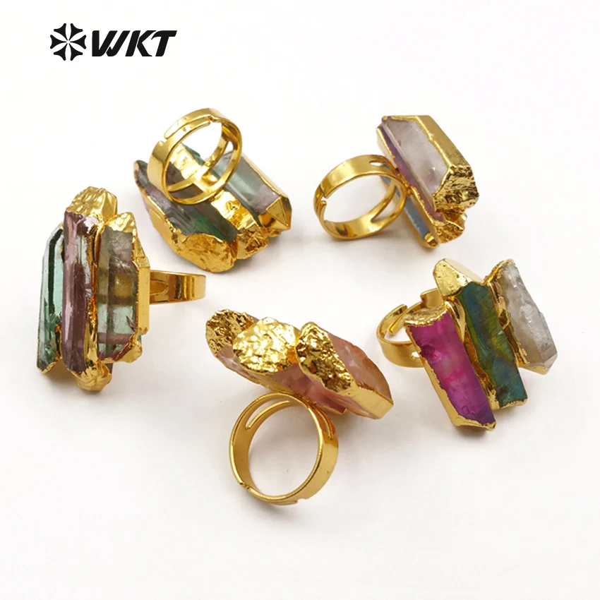 WT-R302 WKT 10 шт. смешанные партии для женщин натуральный камень кольца Винтаж aura кварц с красочными случайный размер Шарм покрытием