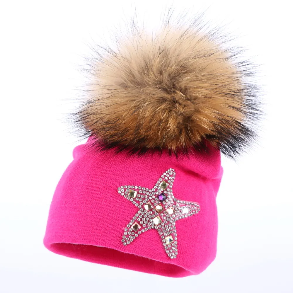 Звезда зимняя шапка прекрасный норки помпоном детей Skullies сплошной цвет со стразами повседневные хлопковые шапочки для мальчиков и девочек Gorro