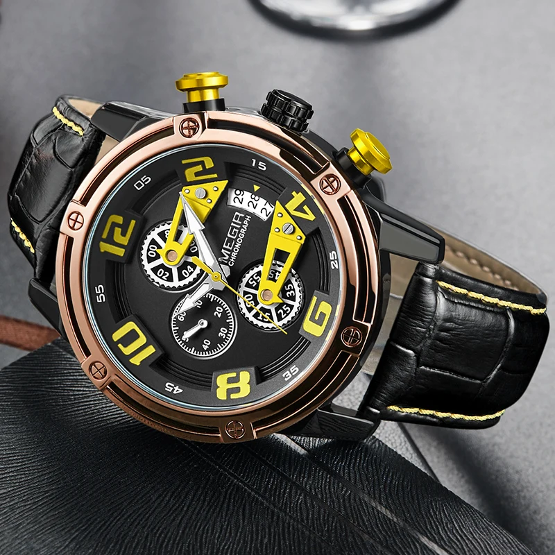 MEGIR Men's Genuine Leather Quartz Sports Watches Top Brand Luxury Military Stop Watch Waterproof W
