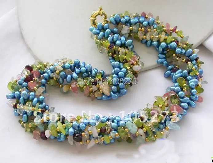 

6Row 18inchs Olivine Crystal Detritus Blue Pearl Necklace AA 4-8MM Beautiful Multicolor Pearl Jewelry New Free Shipping FN1638
