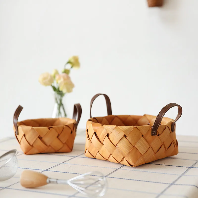 

Craetive Handmade Woven Wooden Baskets Vegetable Fruit Bread Food Storage Basket With Handle Camping Picnic Snacks Storage Bag