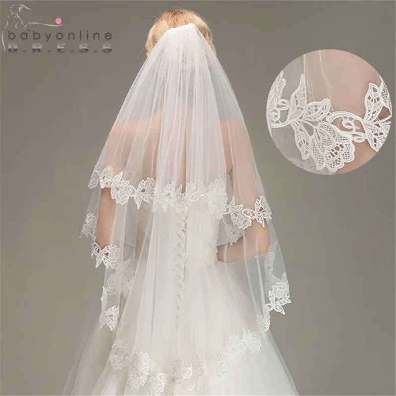 

Veu de Noiva Two Layer Lace Edge Short Wedding Veil with Comb Soft Tulle Fingertip Bridal Veil Wedding Accessories Voile Mariage