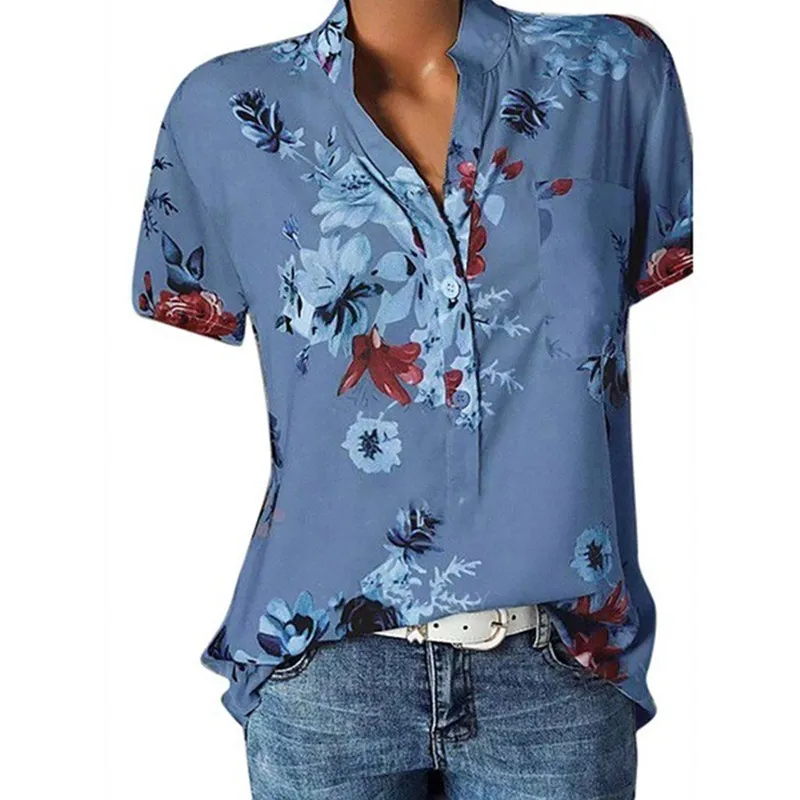 

S-5XL Elegant Floral Print Blouse Women Short Sleeve Plus Size Loose V Neck Blouse Shirt Womens Tops and Blouses Blusas Mujer