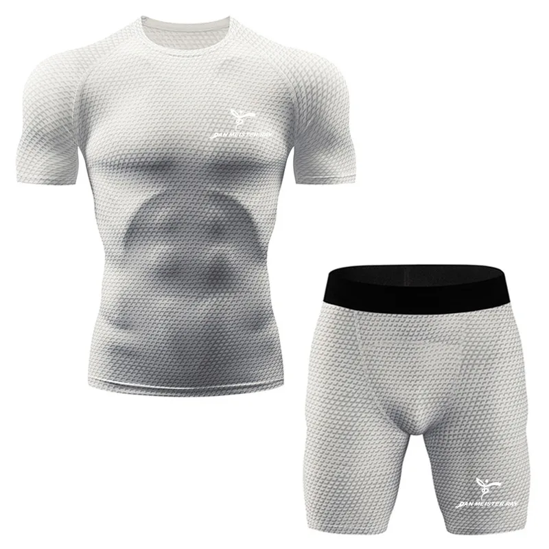 2 шт набор колготок мужские шорты для бега+ футболка комплект из двух предметов для фитнеса Короткие штаны компрессионная футболка для спортзала мужской спортивный набор для бегунов