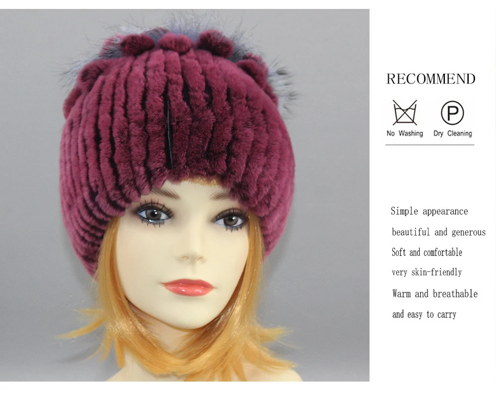 Winter Women Rex Rabbit Fur Hat With Silver Fox Fur Flowers Top Knitted Beanies Fashion Women Natural Real Fur Warm Cap