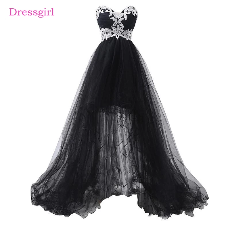

Black Evening Dresses 2019 A-line Sweetheart Tulle Appliques Lace Hi Low Elegant Long Evening Gown Prom Dress Robe De Soiree