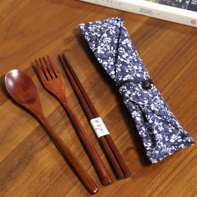 Японский винтажный портативный проволочный завернутый деревянный палочки для еды Ложка Вилка посуда 3 шт. набор подарок синий мешок