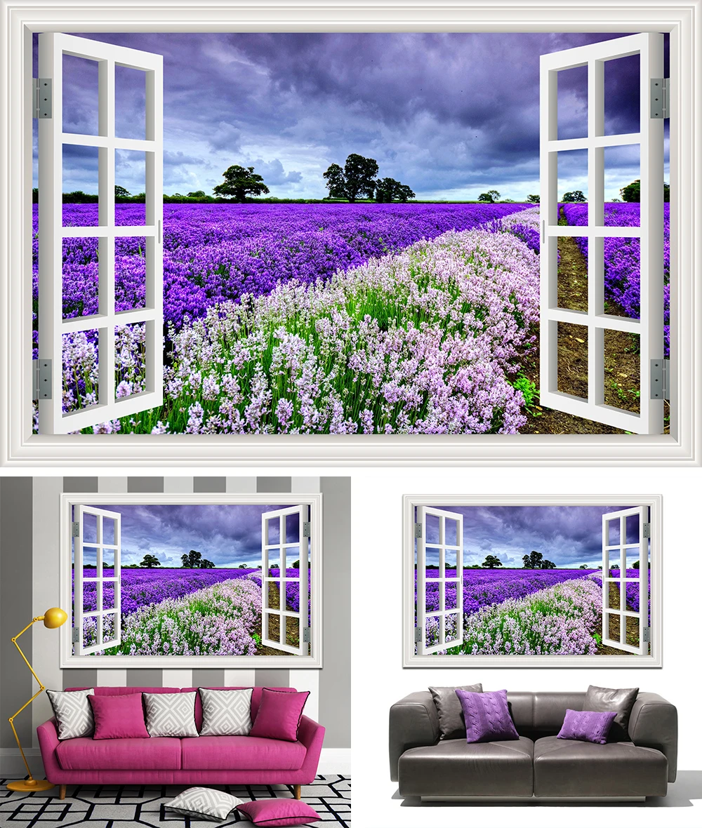 Фиолетовая Лавандовая наклейка с пейзажем, виниловые обои, 3D Наклейка на стену с видом окна, украшение для комнаты adesivo de parede