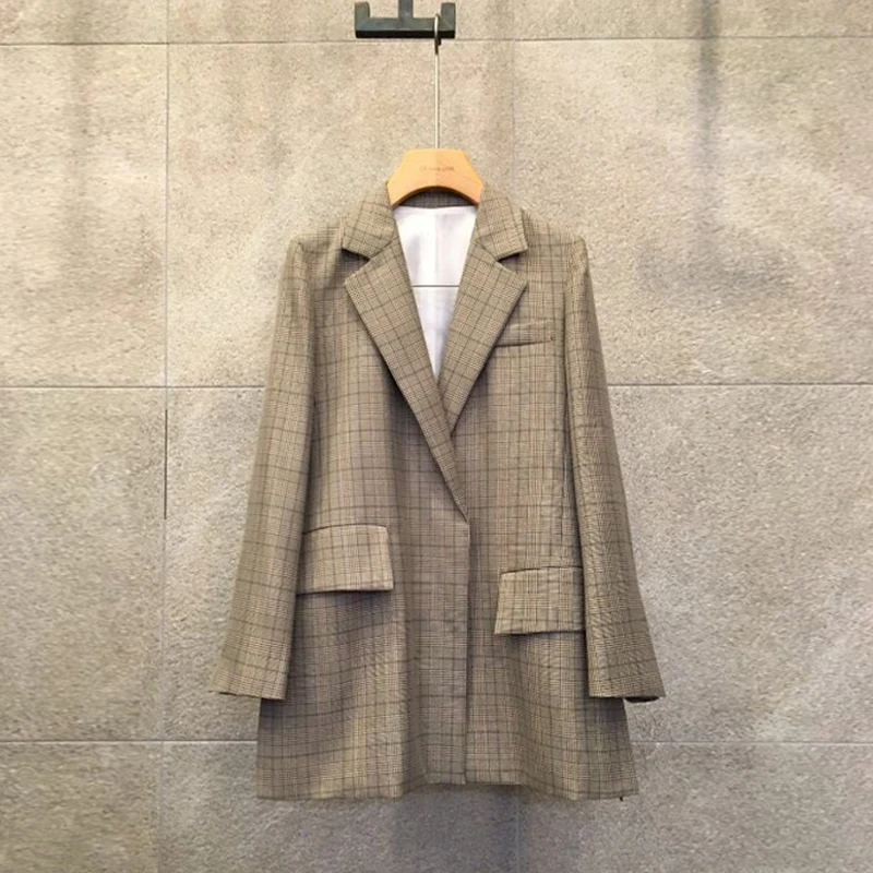 2019 New Spring Autumn korean blazer Vintage Plaid Blazer Fashion Women Long blazers and jackets With Belt  