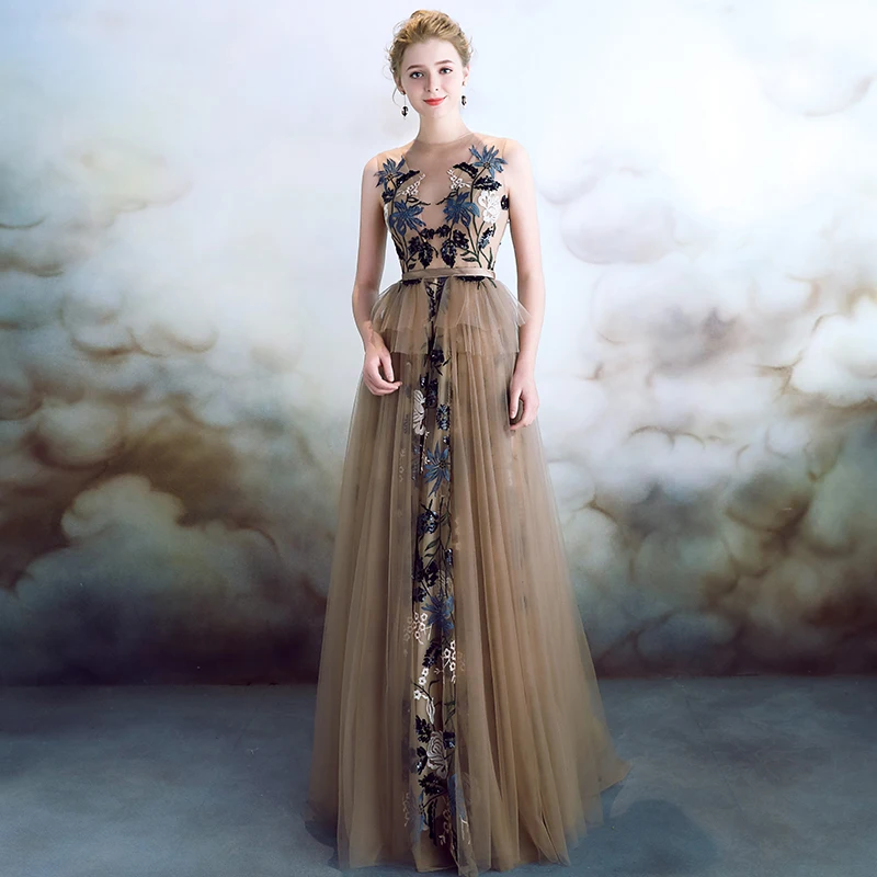 Robe De Soiree Evening Dress Long 2019 Tulle with Lace Appliques Bride Banquet Abiye Long Prom Party Dresses