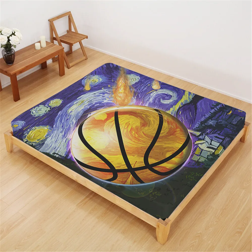 

Colorful Oil Painting Bed Sheet Sports Basketball Design Fitted Sheet King Queen Bedding Deep Pocket Sheet Polyester Bedclothes