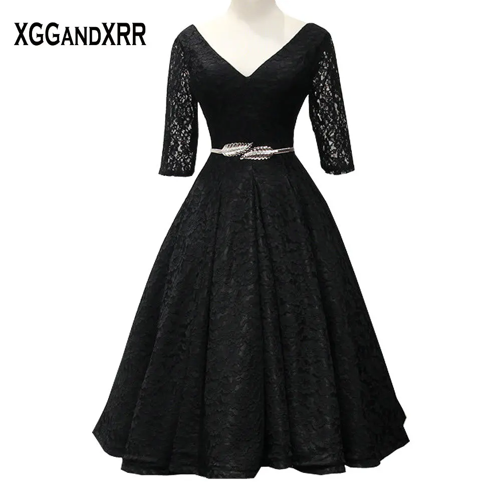 Charming Black Lace A Line Prom Dresses 2018 V Neck Three Quarter