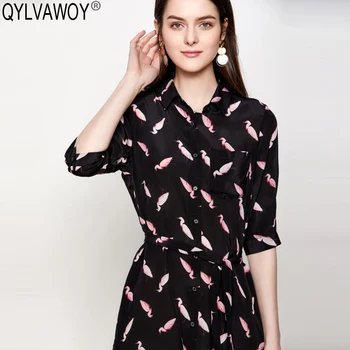 

Real Silk Spring Shirt Dress Women Clothes 2020 Vintage Animal Print Black Midi Dress Elegant Ladies Dresses Vestidos LQ1910