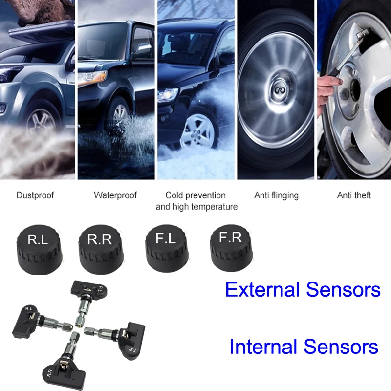 Система контроля давления в шинах Tpms Sensorsolar, система безопасности автомобиля, интеллектуальное управление шинами, беспроводной, 4 колеса, внешние внутренние датчики, Usb