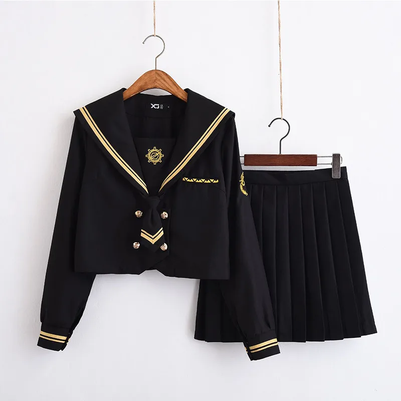 Револьвер вышивка японская школьная форма черный моряцкий костюм мода класс моряк школьная Униформа s для Косплэй костюм для девочек