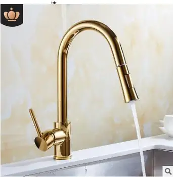 

Golden European kitchen single handle faucet Pull-type sink hot and cold water faucet 360 rotation