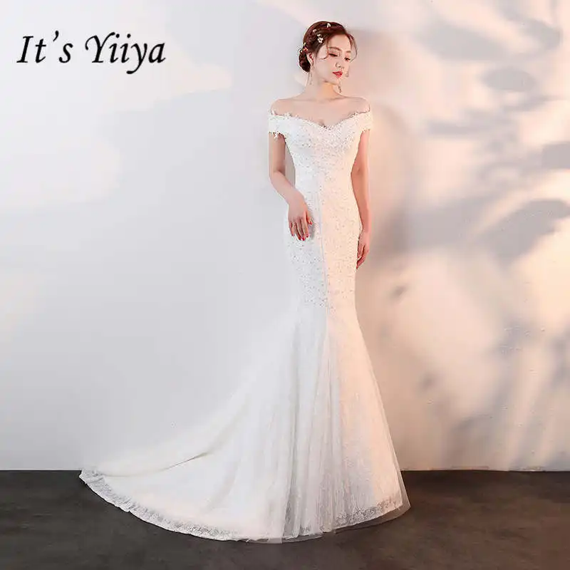 

It's YiiYa Sexy Boat Neck Lace Black Train Dinner Party Dresses Vestidos Simple White Mermaid Evening Gowns H215