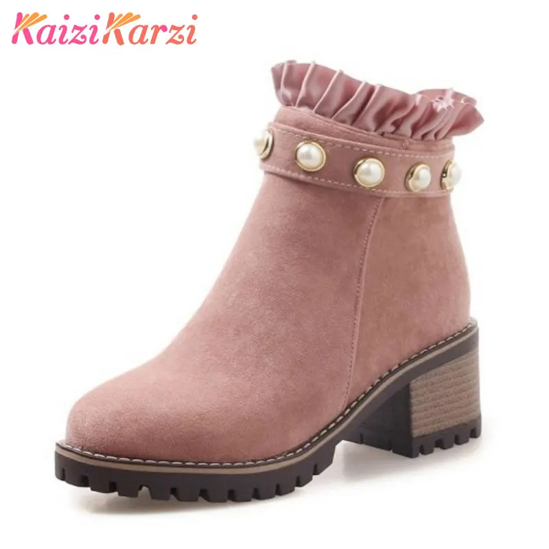 

KaiziKarzi Size 33-43 Women High Heels Ankle Boots Winter Warm Fur Shoes Woman Sweet Beading Short Boots New Fashion Footwear