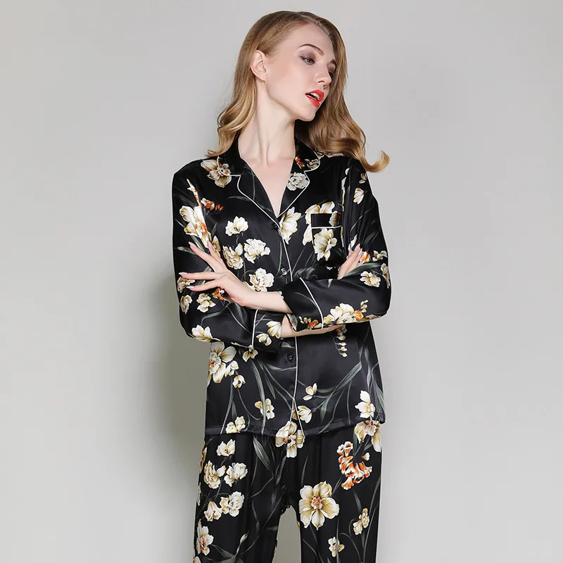 

CEARPION 100% Silk Women Pajamas Suit Top Quality 2pcs Shirt&pant Night Wear Spring New Long Sleeve Home Clothes Sleepwear