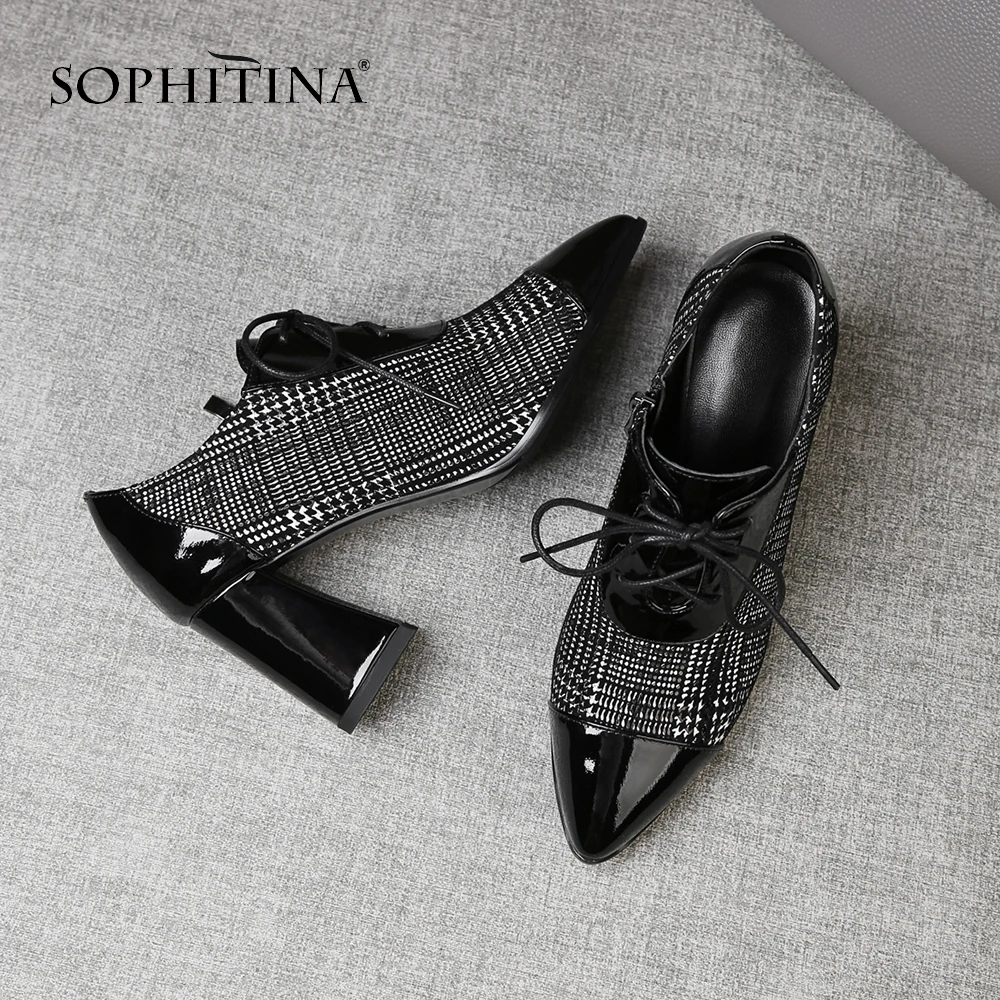 

SOPHITINA New Women's Casual Pumps High Square Heel Genuine Leather Lace-Up Pointed Toe Shoes Fashion Ankle Strap Pumps MO33
