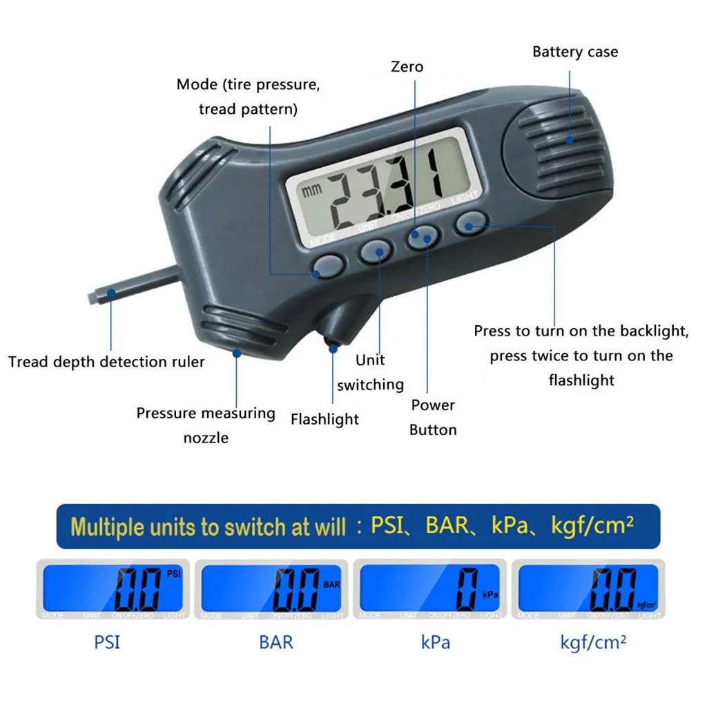 3in 1 подсветка шин манометр цифровой измеритель глубины протектора измерение давления с подсветкой ЖК-дисплей для авто автомобиля мотоцикла колеса