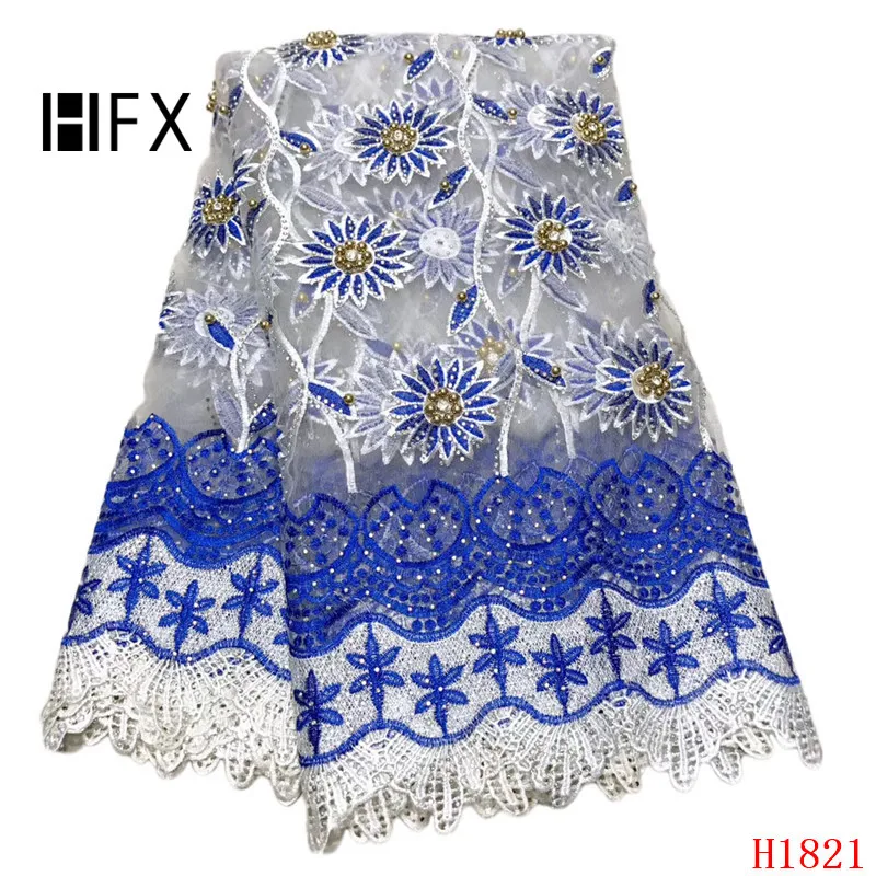 

HFX African Stones Lace Royal Blue/White Nigerian Wedding Dress Beaded French Lace High Quality Embroidery Net Lace Fabric X1821