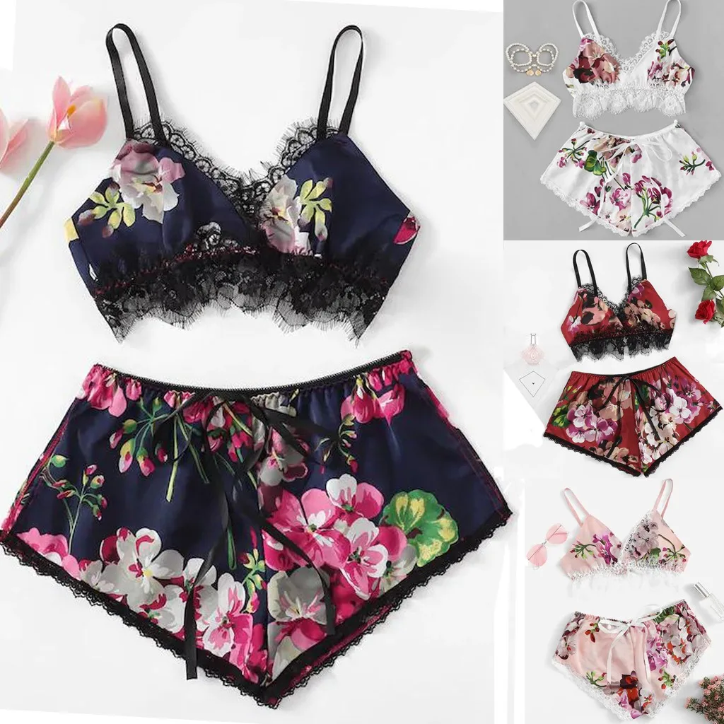 

Female Silk Printed Lace Pajama Set woman Fashion Sexy Satin Trim Floral Bow Lingerie Set Pajamas Babydoll Sleepwear batas de