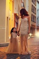 Stunning Glitter Women Prom Party Dress 2014 Sweetheart Mother and Daughter Sheath Long Formal Evening Dress With Pearls BO1062